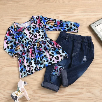 1-6Y Bamblys Vaikams Baby Girl ilgomis Rankovėmis Spalvinga Leopard Print T-shirt Viršūnės Anga Džinsinio Ziajać Džinsai 2VNT Komplektus Drabužių Rinkinys
