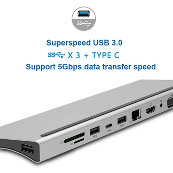 11 1 USB Hub Nešiojamas Docking Station Tipas-C, HDMI VGA, RJ45 Ethernet USB 3.0 SD/TF Kortelių Skaitytuvas Su PD Apmokestinimo Macbook