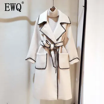 [EWQ] 2020 m. Rudens Žiemos Naujas Atvartas ilgomis Rankovėmis Balti Kratinys Pockts Reguliuojamas Juosmens Vilnoniai Paltai Moterims Didelio Dydžio AH133