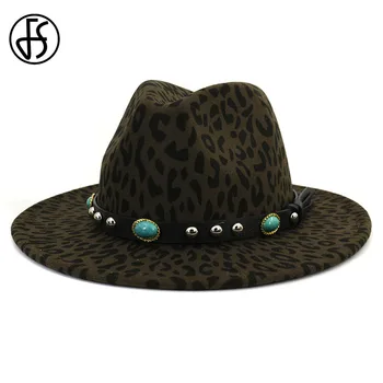 FS Unisex Vyrų Leopardas Spaudiniai Fedora Skrybėlės Moterų Platus Kraštų Vilnos kepurė Su Odos Diržas Manė, Džiazo Kepurė Panama Trilby Kaubojaus Skrybėlę