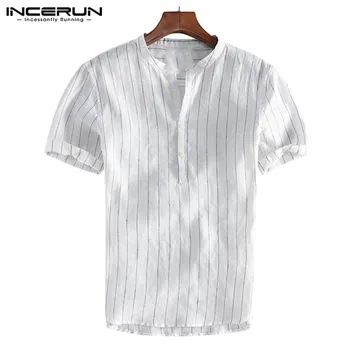 INCERUN Mens Dryžuotas trumpomis Rankovėmis Suknelė Marškiniai Aukštos Kokybės Medvilnės Skalbiniai Kvėpuojantis Minkštas Klasikiniai Marškinėliai Kinijos Retro Vintage