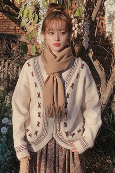 Korėjos Elegantiškos Retro Saldus Megztų Gėlių Siuvinėjimas Cardigan Megztinis V Neck Slim Aukšto Juosmens Gėlių Sijonas Mados Švelnus Temperamentą