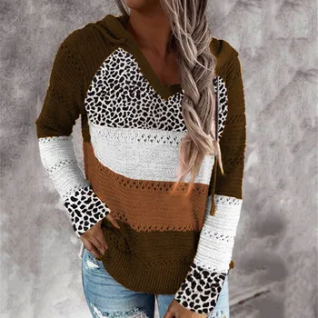 Moterų kratinys Gobtuvu megztinis Lady žiemos sexy V Kaklo Leopard megztas megztinis Moteriška Rudens ilgomis rankovėmis puloveriai, Megzti viršūnės
