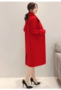 Moterų vilnonis paltas raudonas Turn-žemyn Apykaklės Slim Didelio dydžio sustorėjimas 2019