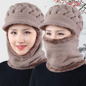Žiemos Motina Moterų Vilnonių Skrybėlę Plius Aksomo Sustorėjimas, Šilto Vėjo Pėsčiųjų Šalikai, Kepurės Mezgimo Kepuraitė Kailio Šalikas Nėrimo Bžūp